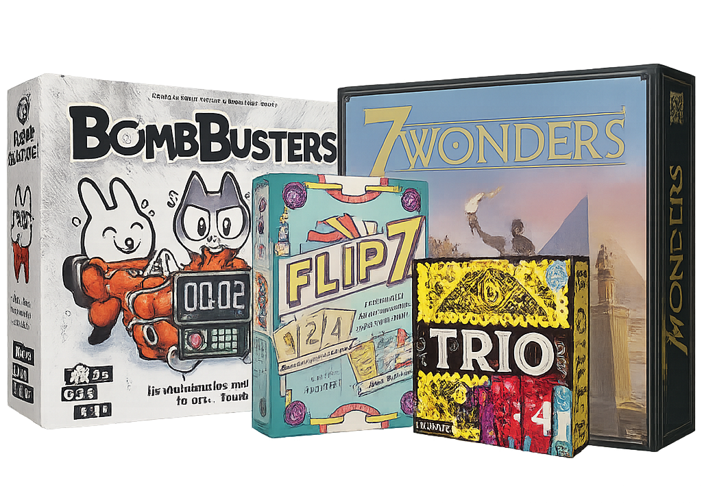 univers jeux bombbuster, 7wonders, flip7 et trio